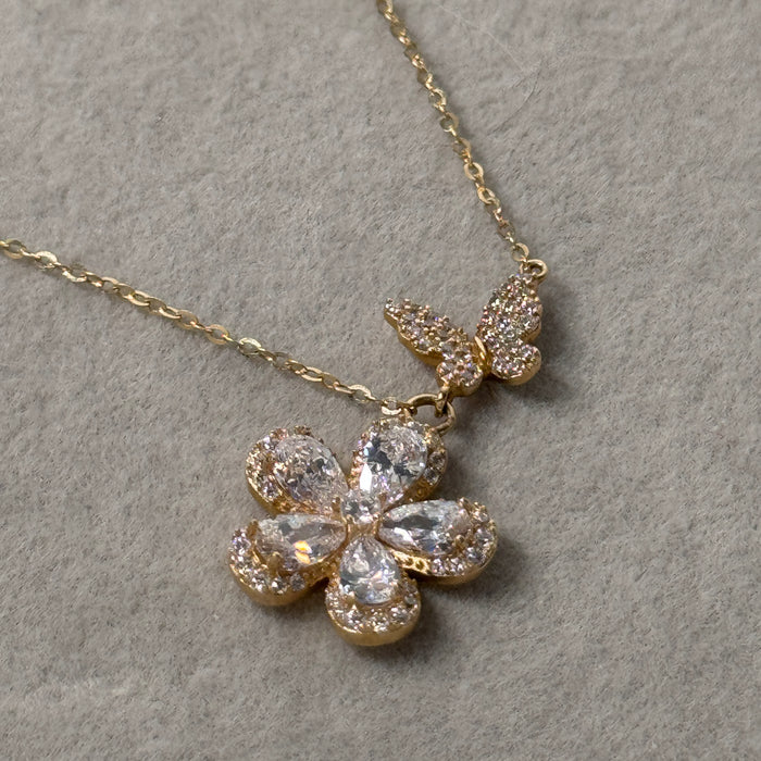 14K Yellow Gold Flower and Butterfly Necklace