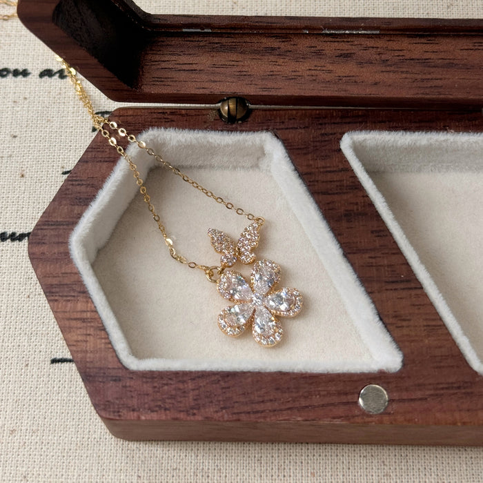 14K Yellow Gold Flower and Butterfly Necklace