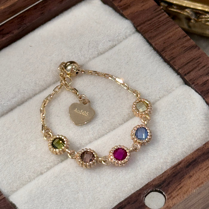 14K Yellow Gold Colourful Gems Beaded Chain Ring
