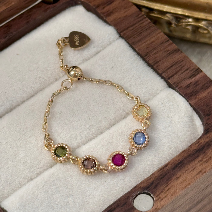 14K Yellow Gold Colourful Gems Beaded Chain Ring