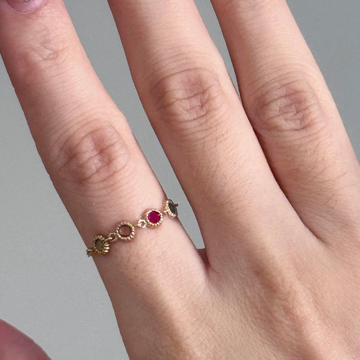 14K Yellow Gold Colourful Gems Beaded Chain Ring