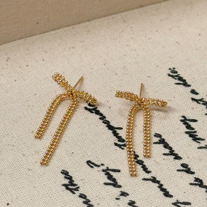14K Solid Yellow Gold Bow Drop Earring