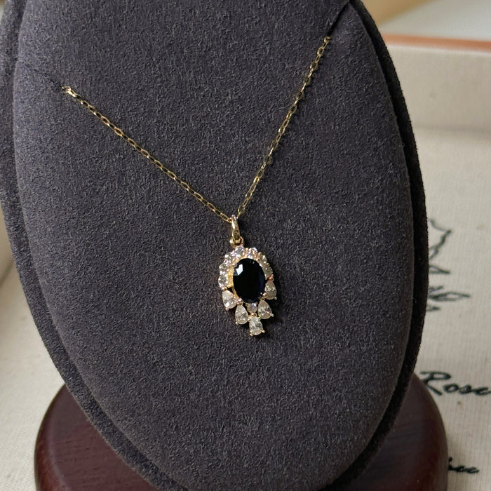 14K Yellow Gold Elegant Halo Blue Teardrop-shaped Necklace
