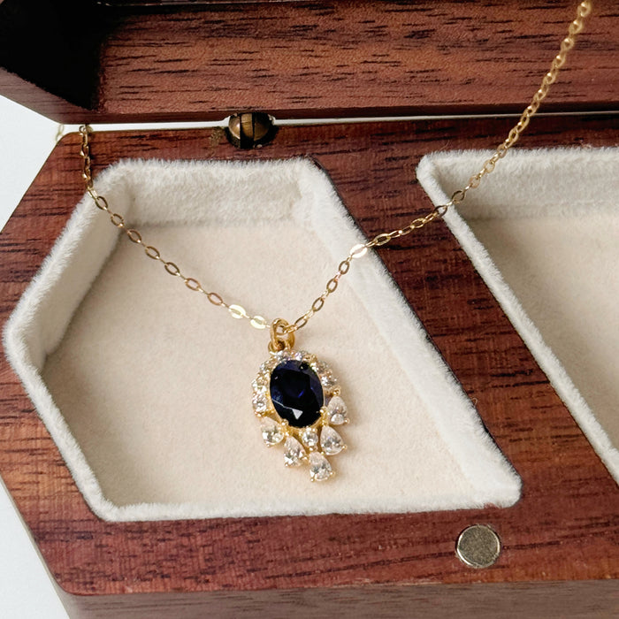 14K Yellow Gold Elegant Halo Blue Teardrop-shaped Necklace