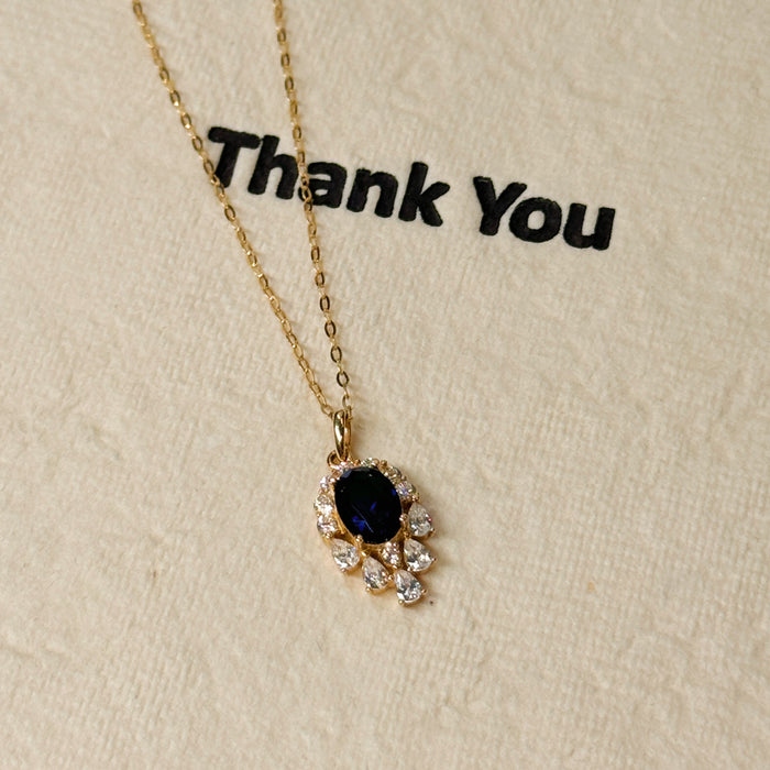 14K Yellow Gold Elegant Halo Blue Teardrop-shaped Necklace
