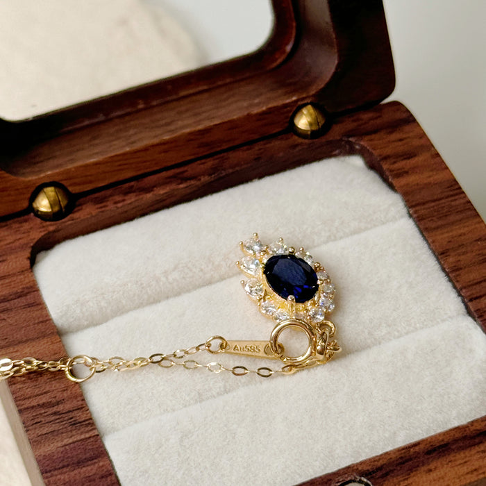 14K Yellow Gold Elegant Halo Blue Teardrop-shaped Necklace