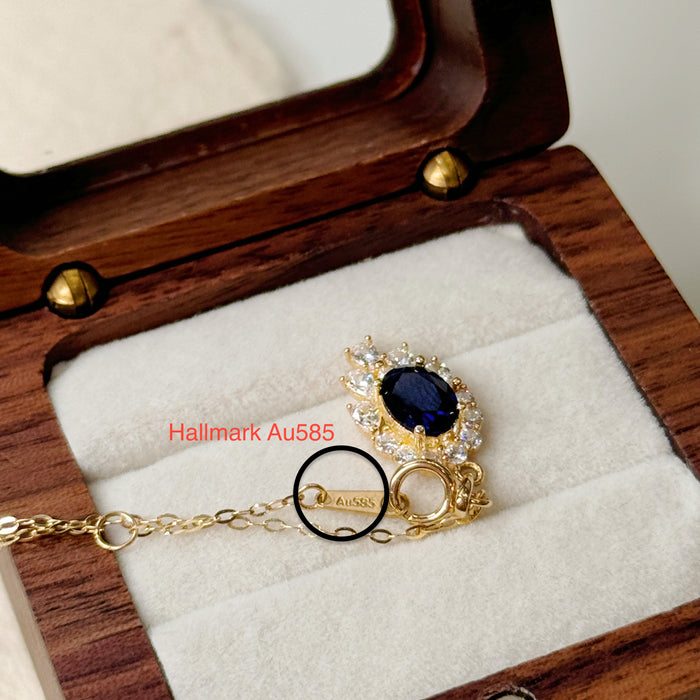 14K Yellow Gold Elegant Halo Blue Teardrop-shaped Necklace