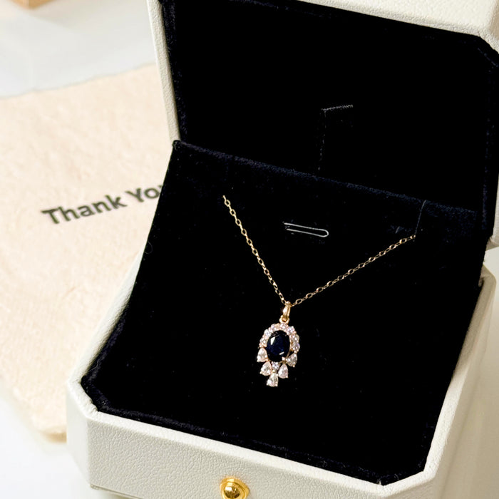 14K Yellow Gold Elegant Halo Blue Teardrop-shaped Necklace