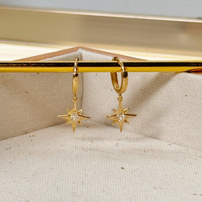 10K Yellow Gold North Star Dangle Hoop Earclip Earring
