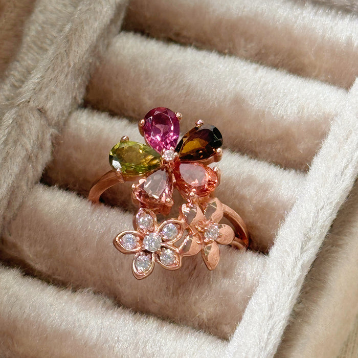 S925 Floral Flower Multi Colour Rainbow Luxury Ring