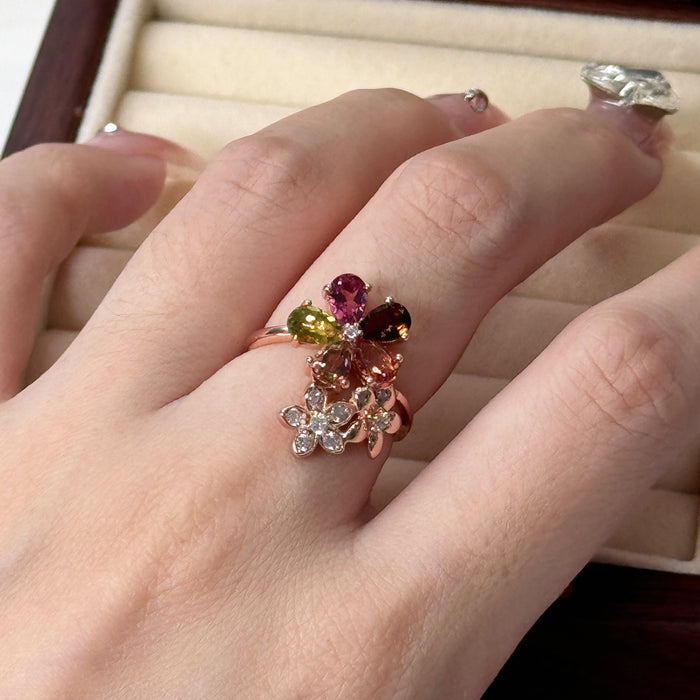 S925 Floral Flower Multi Colour Rainbow Luxury Ring