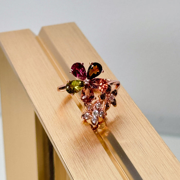 S925 Floral Flower Multi Colour Rainbow Luxury Ring