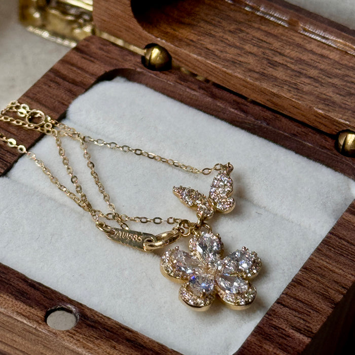 14K Yellow Gold Flower and Butterfly Necklace