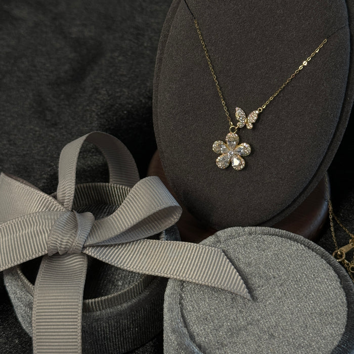 14K Yellow Gold Flower and Butterfly Necklace
