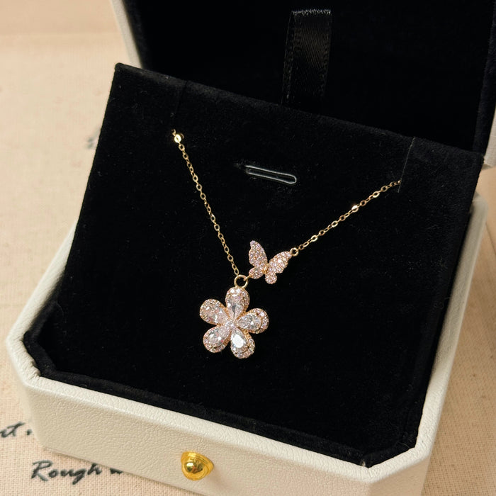 14K Yellow Gold Flower and Butterfly Necklace
