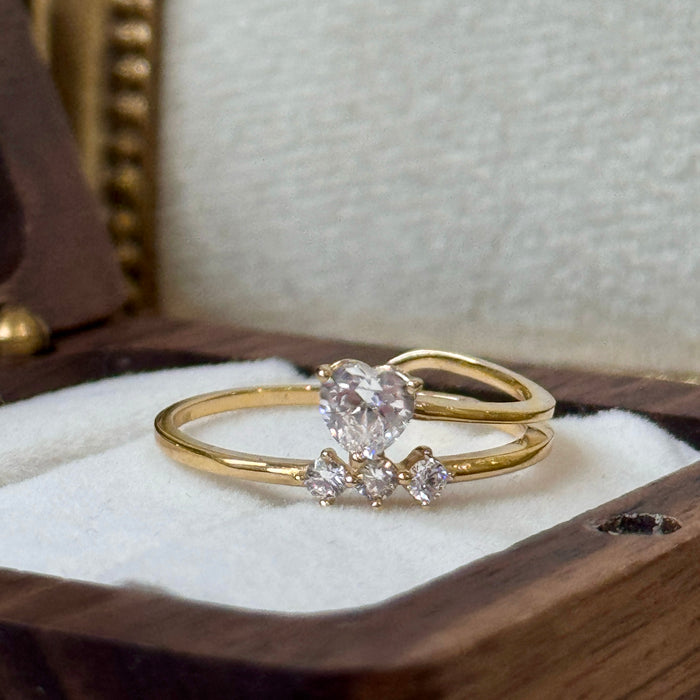 14K Yellow Gold Heart Shape and Three Stones  Ring