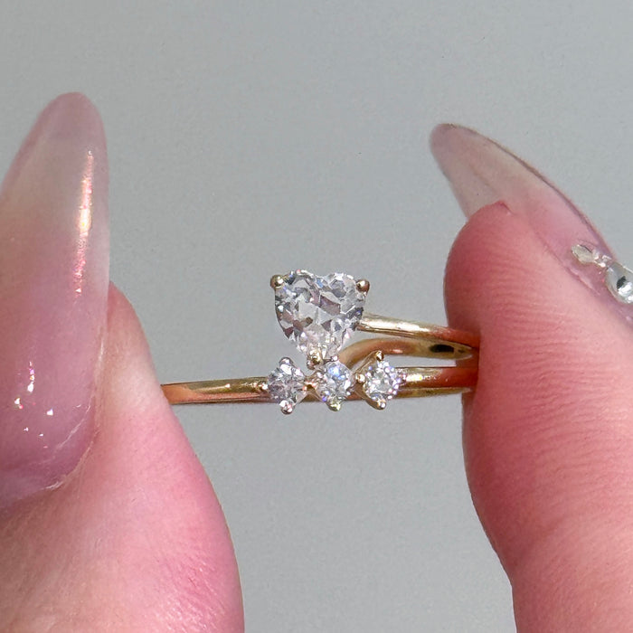 14K Yellow Gold Heart Shape and Three Stones  Ring