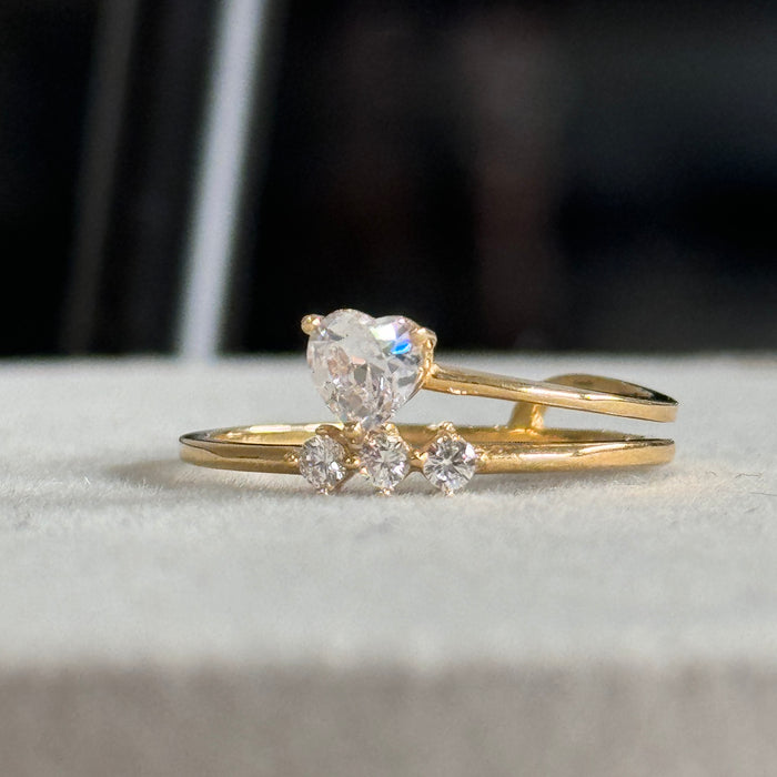 14K Yellow Gold Heart Shape and Three Stones  Ring