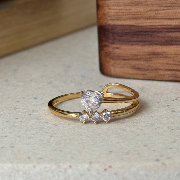 14K Yellow Gold Heart Shape and Three Stones  Ring