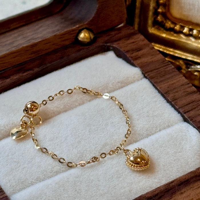 (PREORDER) 14K Yellow Gold Love Puffed Heart Charm Dangle Chain Ring