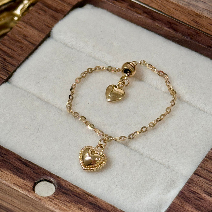 (PREORDER) 14K Yellow Gold Love Puffed Heart Charm Dangle Chain Ring