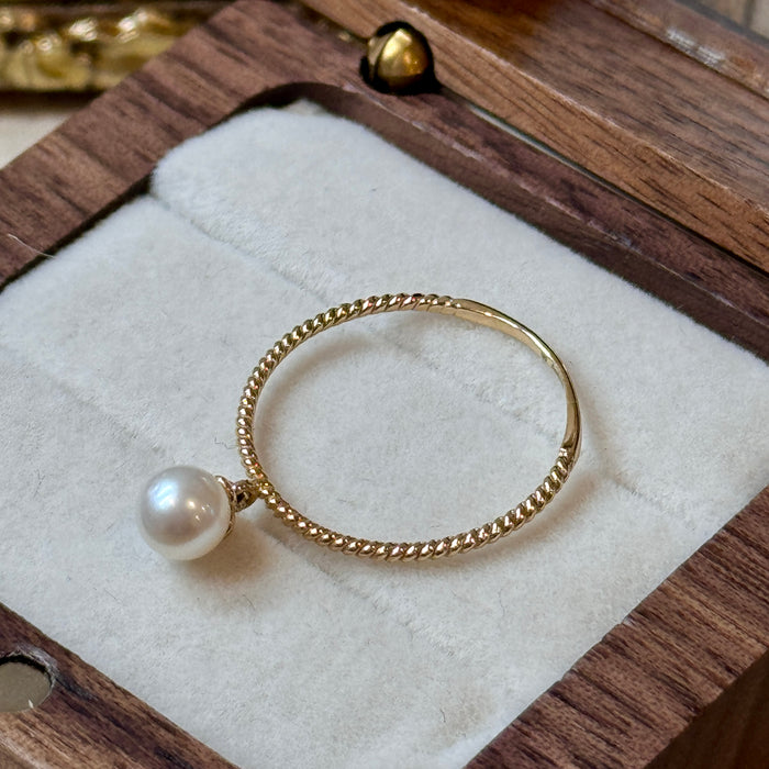(PREORDER) 14K Solid Yellow Gold Pearl Dangle Ring with Twist Band