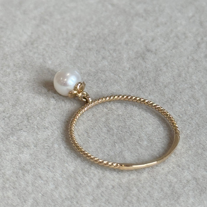 (PREORDER) 14K Solid Yellow Gold Pearl Dangle Ring with Twist Band