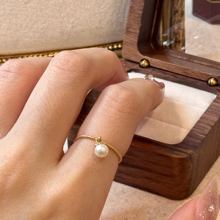 (PREORDER) 14K Solid Yellow Gold Pearl Dangle Ring with Twist Band