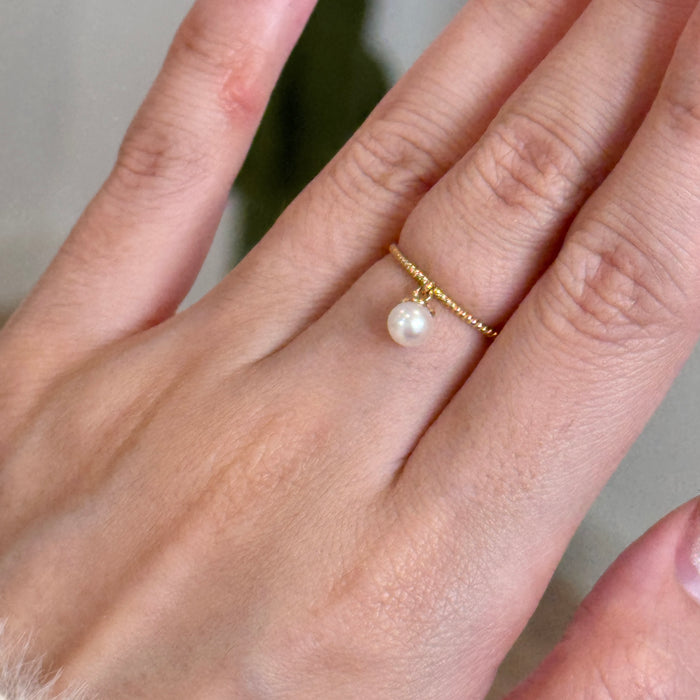 (PREORDER) 14K Solid Yellow Gold Pearl Dangle Ring with Twist Band