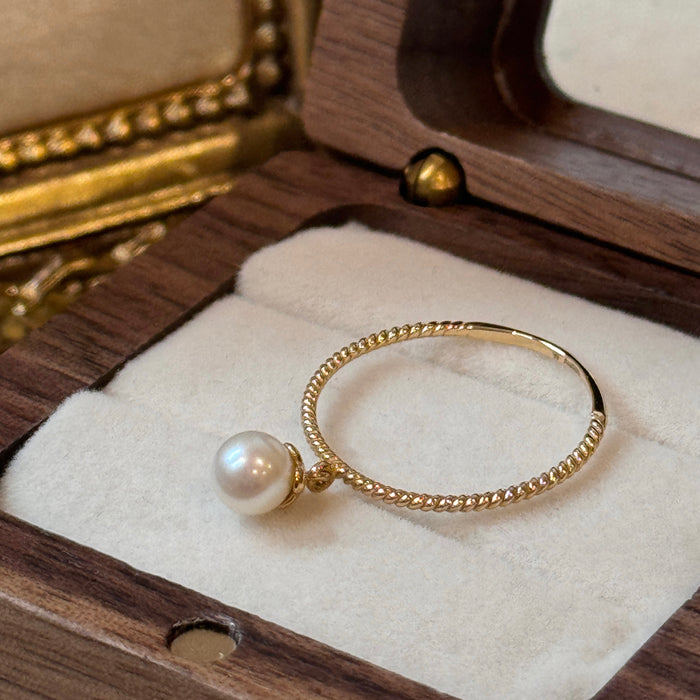 (PREORDER) 14K Solid Yellow Gold Pearl Dangle Ring with Twist Band