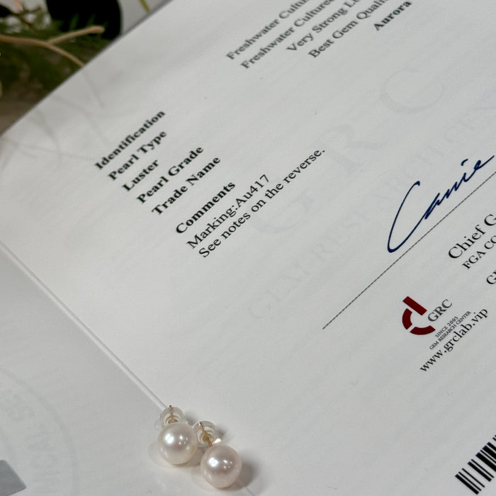 10K Yellow Gold Freshwater Pearl 8.80MM x 8.85MM Earring with GRC Certificate