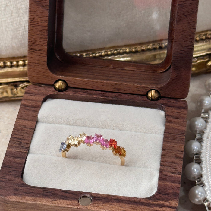 14k Yellow Gold Rainbow Mix Stone Baguette Cluster Ring