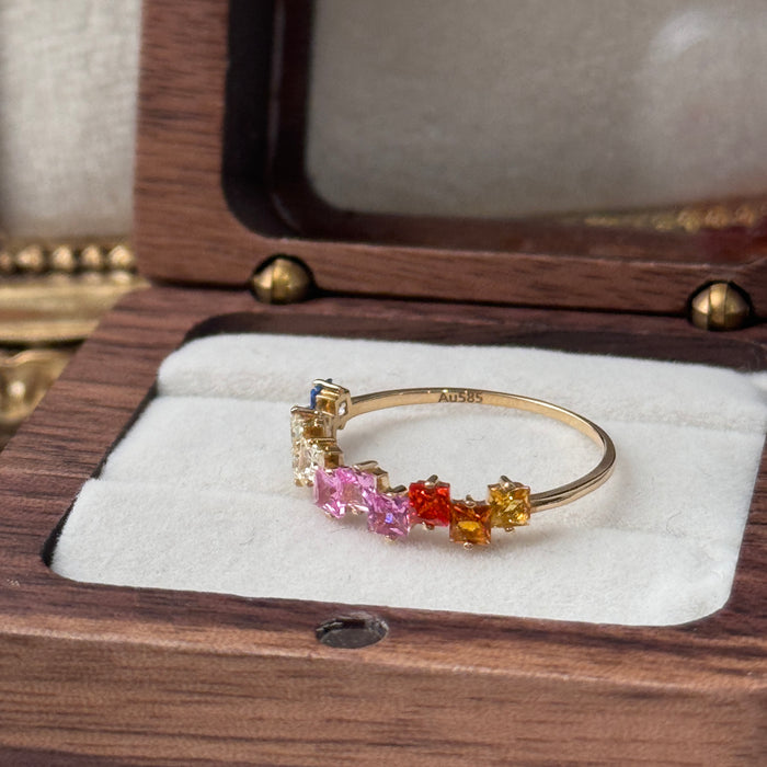 14k Yellow Gold Rainbow Mix Stone Baguette Cluster Ring