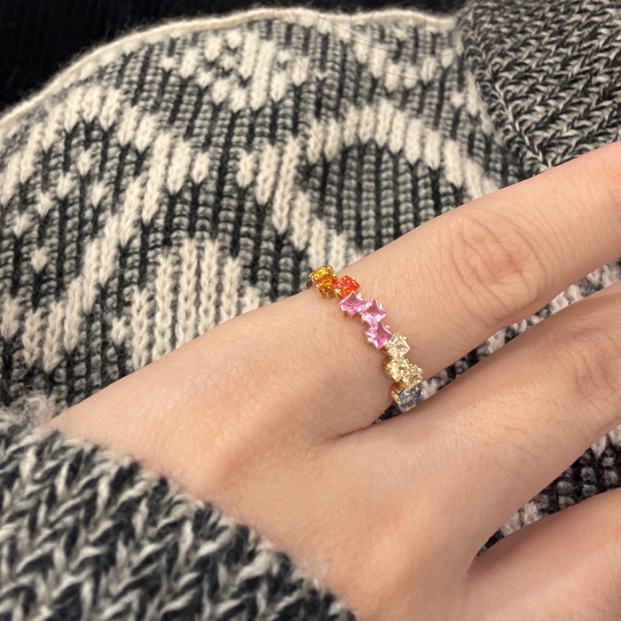 14k Yellow Gold Rainbow Mix Stone Baguette Cluster Ring
