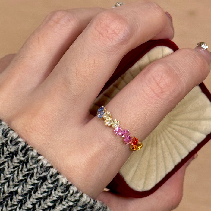 14k Yellow Gold Rainbow Mix Stone Baguette Cluster Ring