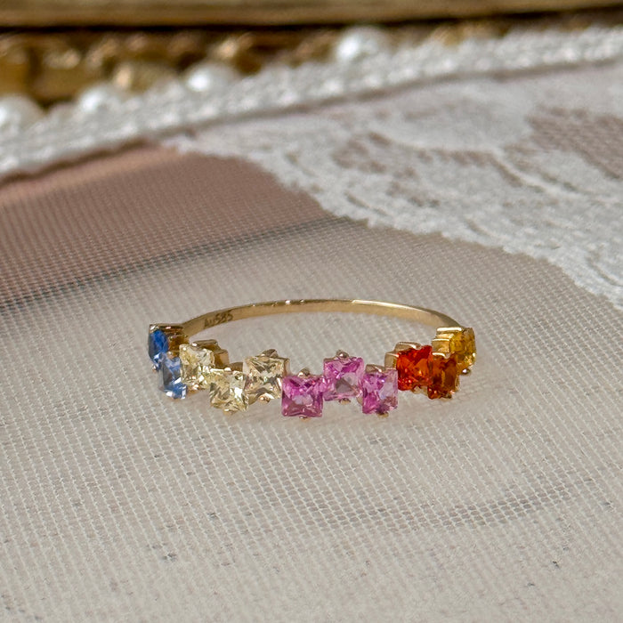 14k Yellow Gold Rainbow Mix Stone Baguette Cluster Ring