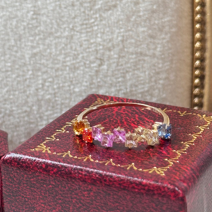 14k Yellow Gold Rainbow Mix Stone Baguette Cluster Ring