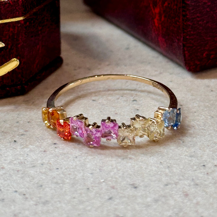 14k Yellow Gold Rainbow Mix Stone Baguette Cluster Ring