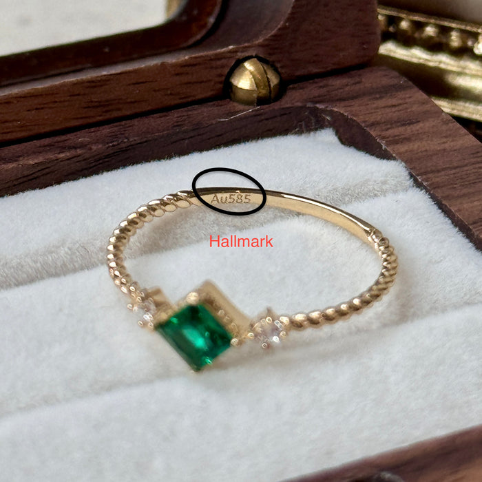 (PREORDER) 14K Yellow Gold Square Green Gems Solitaire Ring