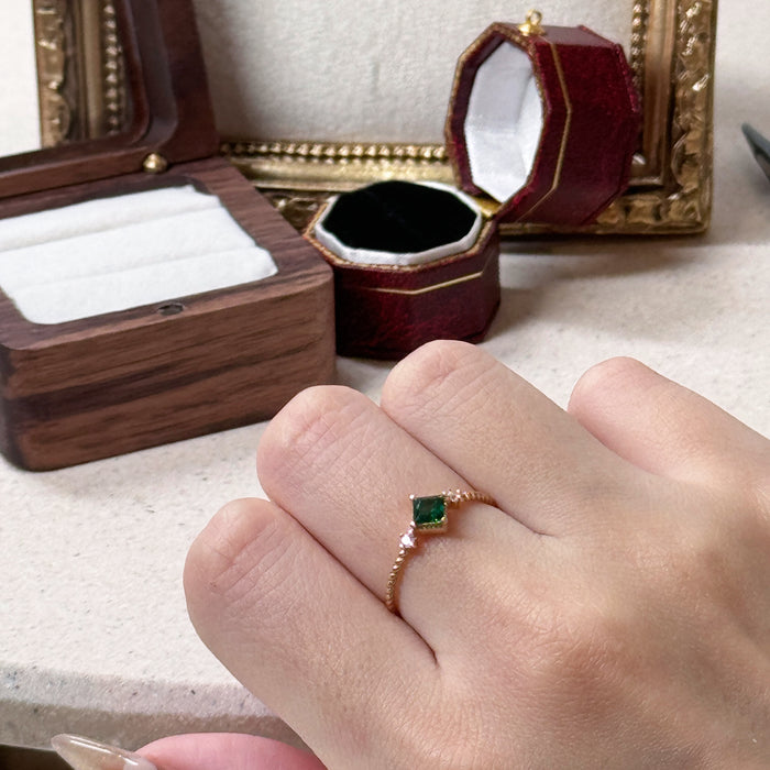 (PREORDER) 14K Yellow Gold Square Green Gems Solitaire Ring