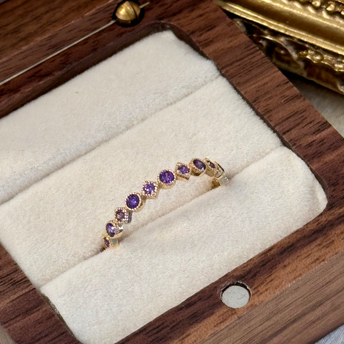 14K Yellow Gold Purple Gems Beaded Band Ring