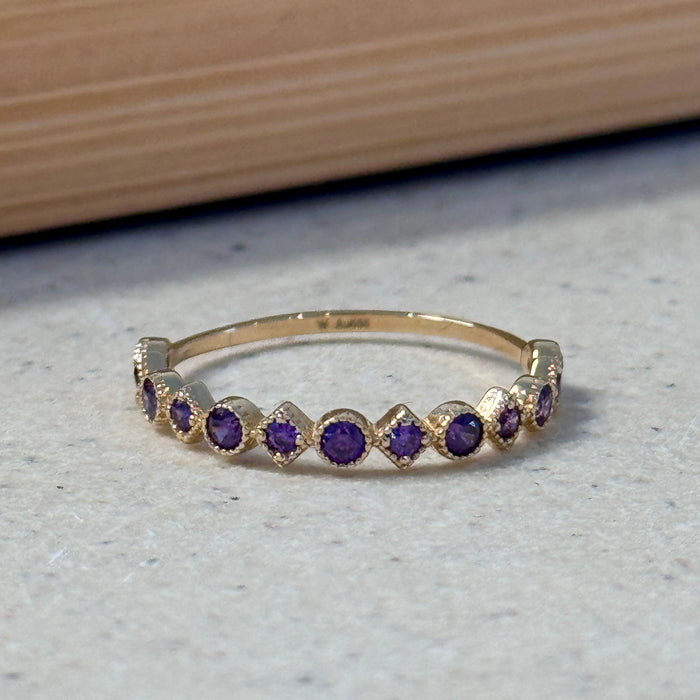 14K Yellow Gold Purple Gems Beaded Band Ring