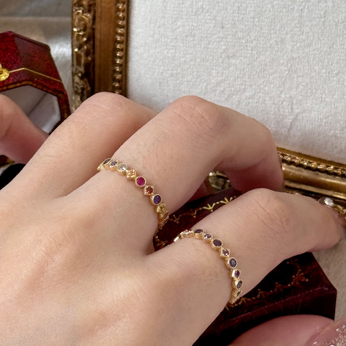 14K Yellow Gold Purple Gems Beaded Band Ring