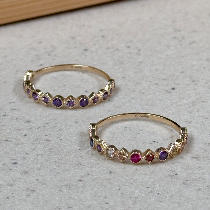 14K Yellow Gold Purple Gems Beaded Band Ring