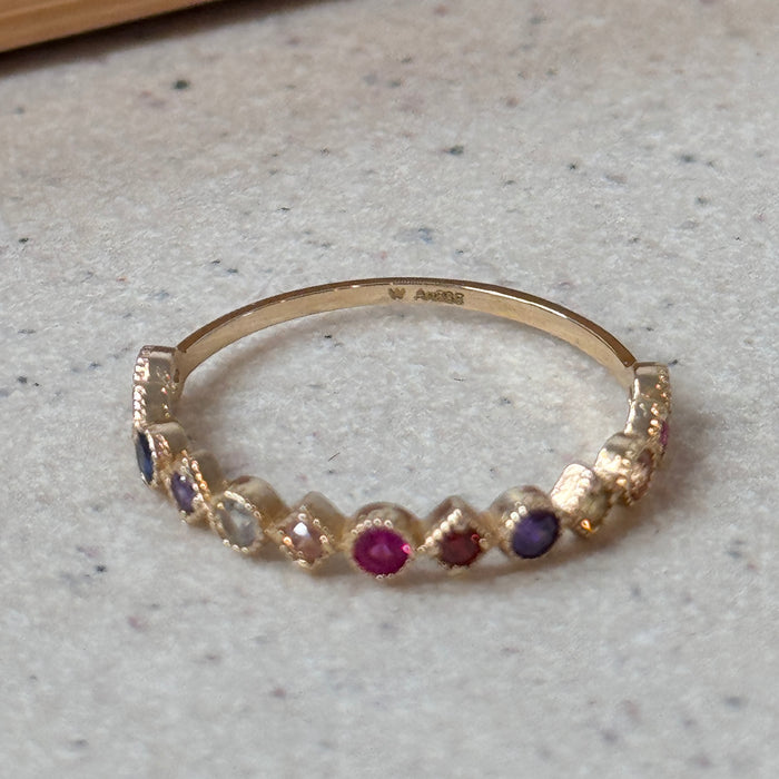 14K Yellow Gold Colourful Gems Beaded Band Ring