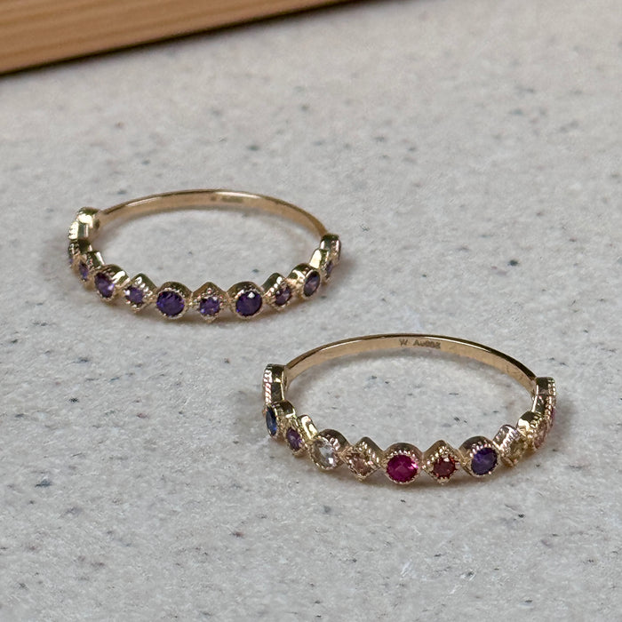 14K Yellow Gold Colourful Gems Beaded Band Ring