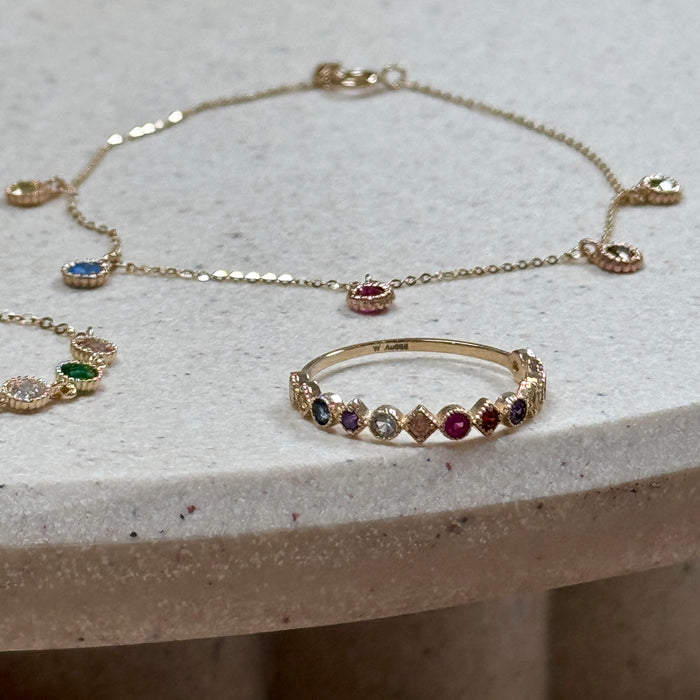 14K Yellow Gold Colourful Gems Beaded Band Ring