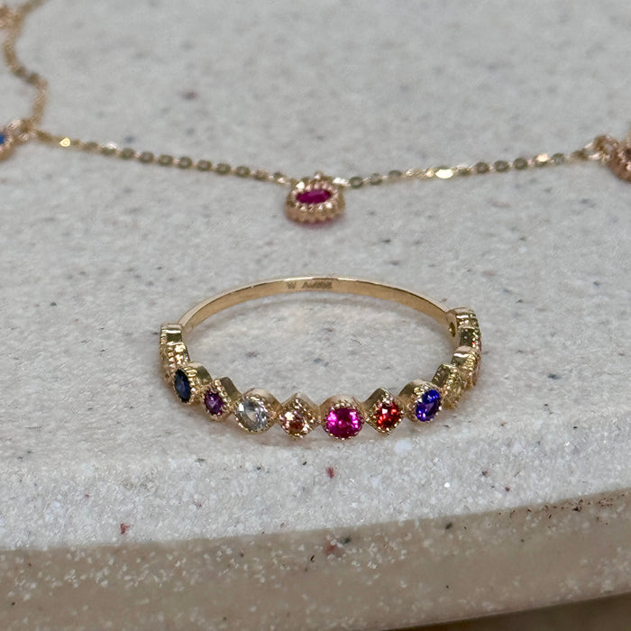 14K Yellow Gold Colourful Gems Beaded Band Ring