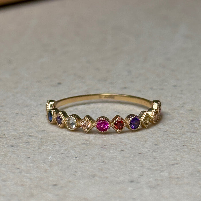 14K Yellow Gold Colourful Gems Beaded Band Ring
