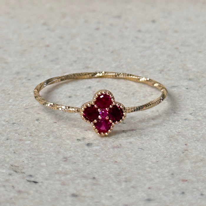 14K Yellow Gold Red Clover Flower Ring